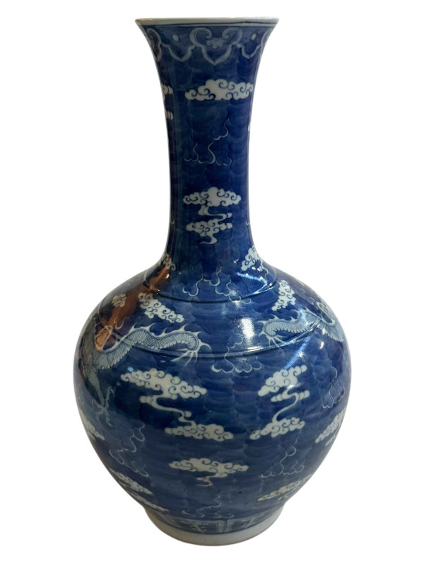 Large Chinese blue and white dragon vase, two circle mark, 40cm.