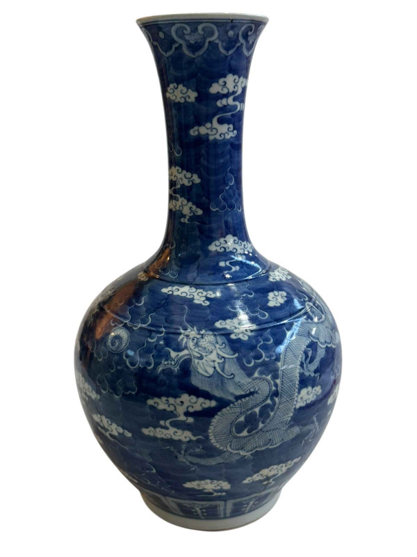 Large Chinese blue and white dragon vase, two circle mark, 40cm.