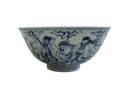 Chinese blue and white bowl with continuous figures in pastimes decoration, six character mark, 16cm dia. thumbnail