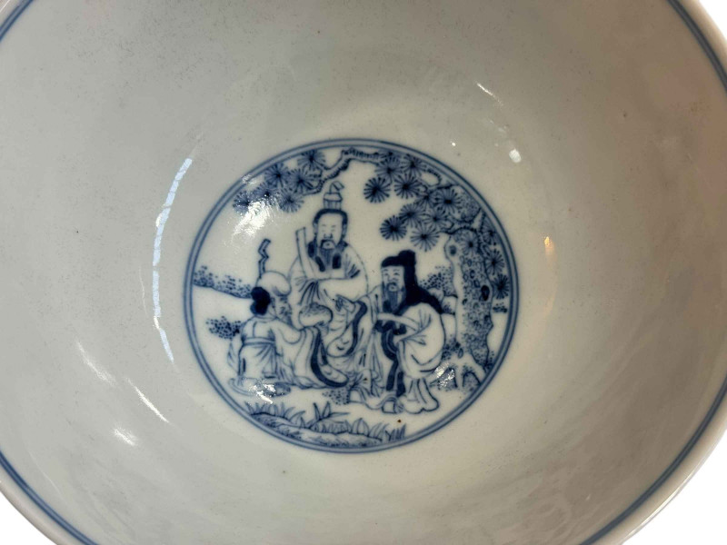 Chinese blue and white bowl with continuous figures in pastimes decoration, six character mark, 16cm dia.