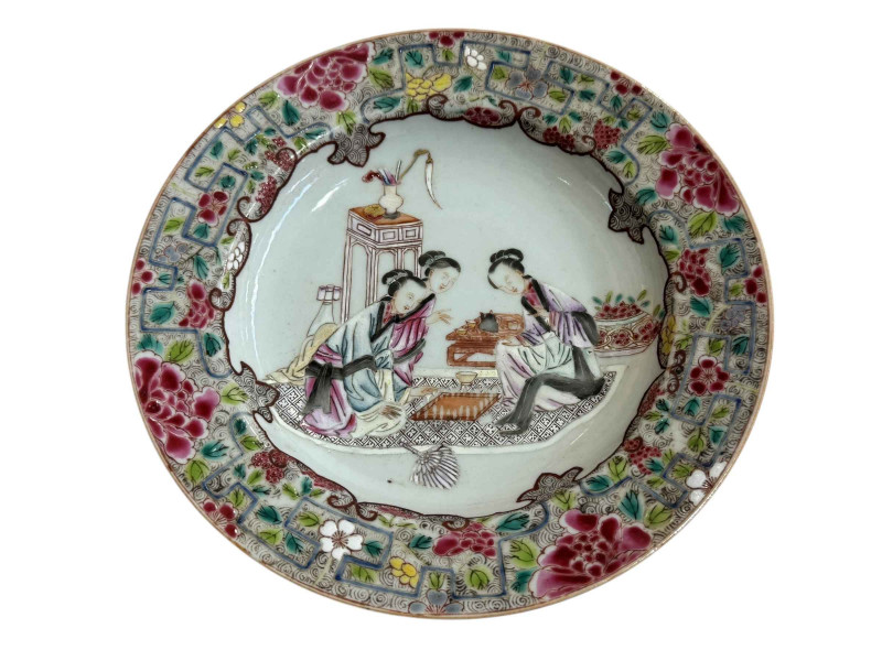 Chinese famille rose plate decorated with three ladies taking tea, 22cm dia.