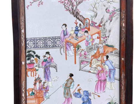 Chinese porcelain plaque in famille rose and decorated with family figures...