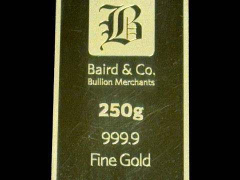 Baird and Co. 250g fine gold 999.9 cast bar, no. Y24985.  Buyers Premium is 20% plus VAT on this lot. *Viewing for this lot is by appointment only' thumbnail