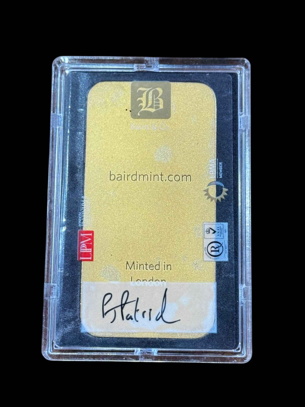 Baird and Co. 250g fine gold 999.9 cast bar, no. Y24985.  Buyers Premium is 20% plus VAT on this lot. *Viewing for this lot is by appointment only'