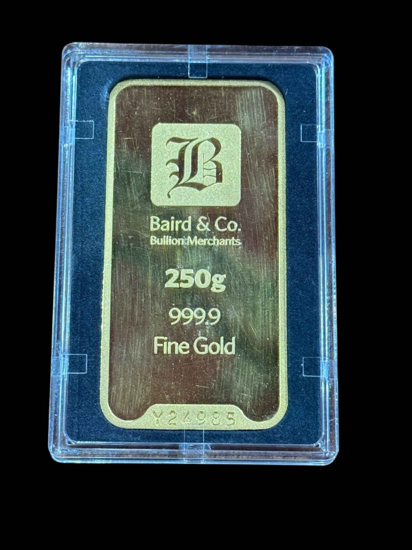 Baird and Co. 250g fine gold 999.9 cast bar, no. Y24985.  Buyers Premium is 20% plus VAT on this lot. *Viewing for this lot is by appointment only'