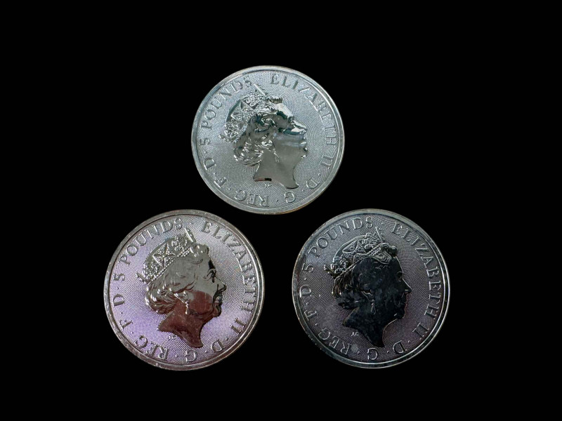 Three 2oz fine silver 999.9 Falcon of the Plantagenets 2019 Five Pound coins.