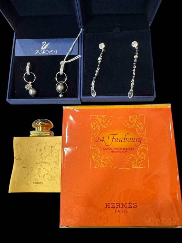 Hermes 24 Faurbourg scent flask and bottle, Hermes soap and two pairs of Swarovski earrings (4).