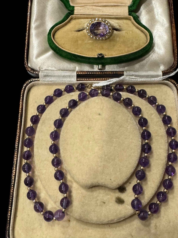 15 carat gold amethyst and seed pearl brooch and amethyst bead necklace (2).