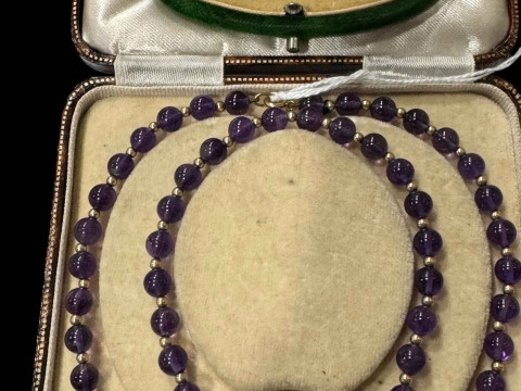 15 carat gold amethyst and seed pearl brooch and amethyst bead necklace...