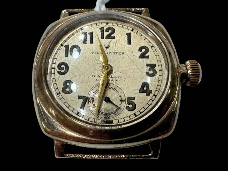 Vintage 1930's Rolex oyster 9 carat gold cushion cased watch, no strap.