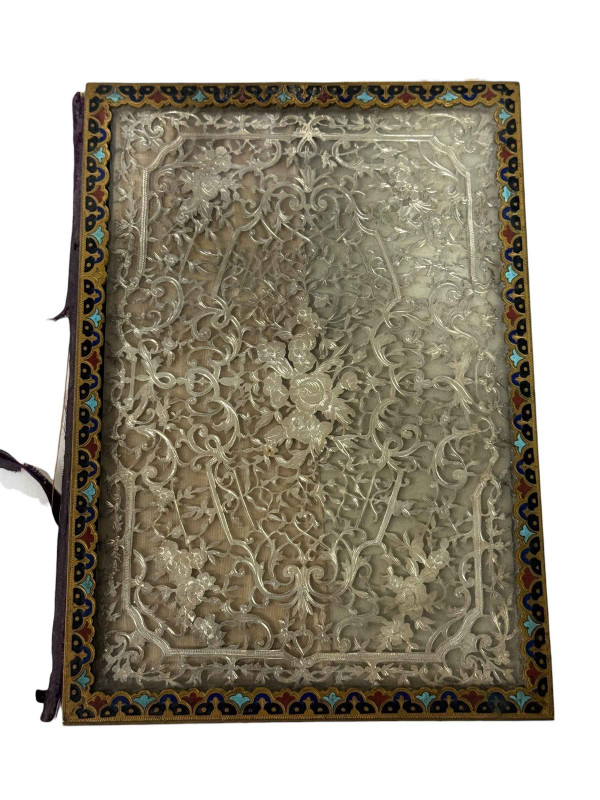 Brass and cloisonne bound blotter with silver filigree decoration, 23 x 17cm.