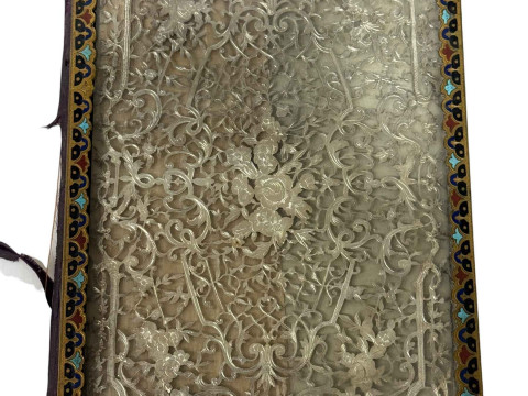 Brass and cloisonne bound blotter with silver filigree decoration, 23...