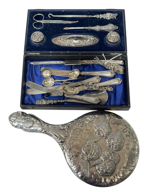 Cased vanity set, miscellaneous flatware and silver hand mirror.