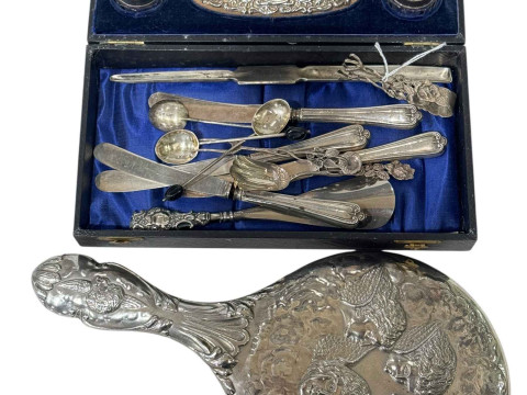 Cased vanity set, miscellaneous flatware and silver hand mirror.