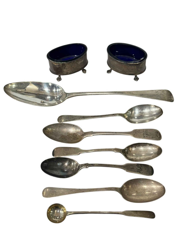 Pair silver oval salts, silver tablespoon and teaspoons.