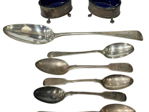Pair silver oval salts, silver tablespoon and teaspoons.