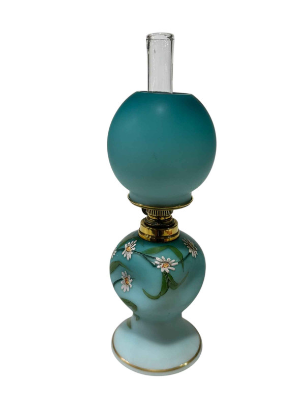 Antique opaline glass oil lamp, the wick turner marked Kamer & Co, Berlin, 26cm including chimney.