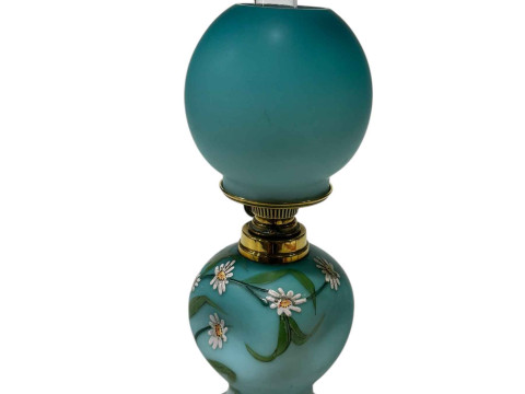 Antique opaline glass oil lamp, the wick turner marked Kamer & Co, Berlin, 26cm including chimney. thumbnail