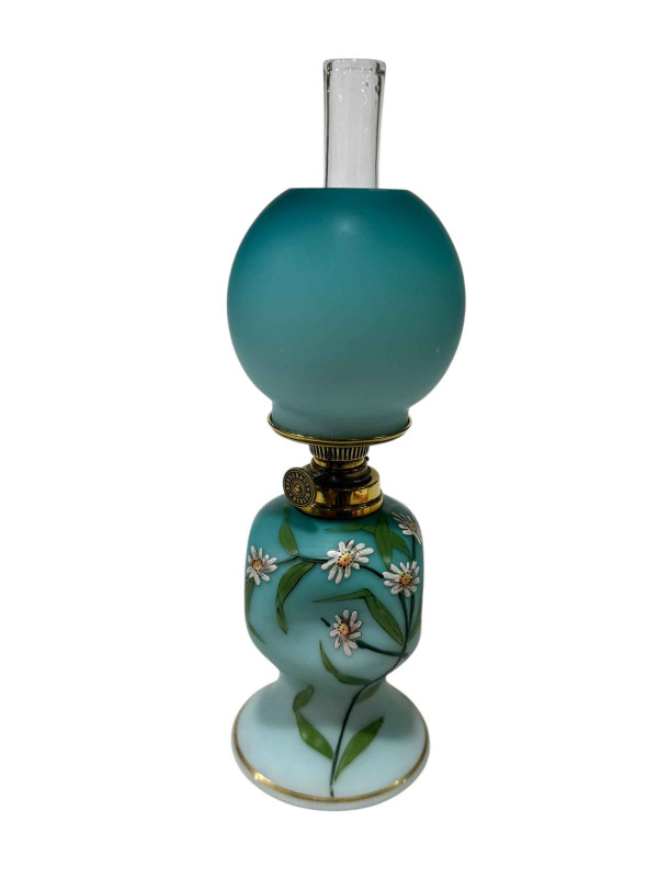 Antique opaline glass oil lamp, the wick turner marked Kamer & Co, Berlin, 26cm including chimney.