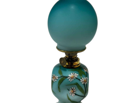 Antique opaline glass oil lamp, the wick turner marked Kamer & Co, Berlin,...