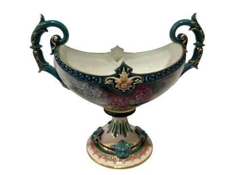 Royal Worcester Hadley ware two-handled tazza with flower decoration, 18cm. thumbnail