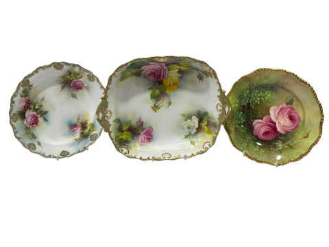 Three Royal Worcester rose painted plates including dessert dish.