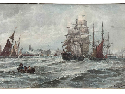 Thomas Bush Hardy 1842-1897, Boats on a Choppy Sea, print, signed lower right, 32cm by 57cm, framed. thumbnail