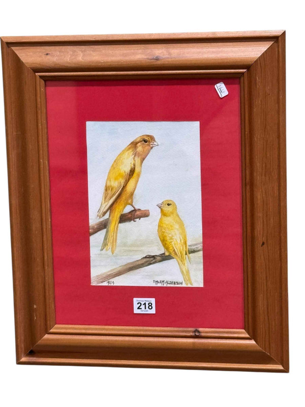 DM and EM Alderson, two canaries on branches, watercolour, signed and dated 1984, 23 x 16cm, in pine frame.