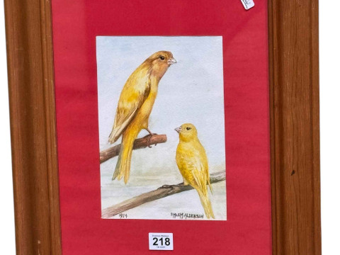 DM and EM Alderson, two canaries on branches, watercolour, signed and...