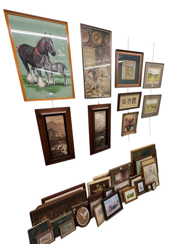 Large collection of pictures and mirrors including Pears print, needleworks, etc.