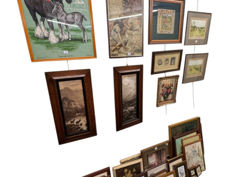 Large collection of pictures and mirrors including Pears print, needleworks,...