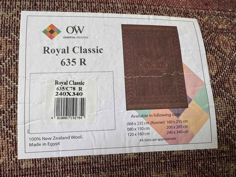 As new Royal Classic 635R carpet, 3.40 x 2.40m.