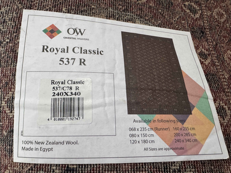 As new Royal Classic 537R carpet, 3.40 x 2.40m.