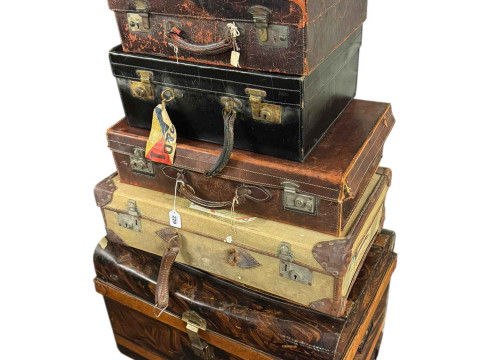 Tin trunk and five vintage cases including crocodile skin and leather...