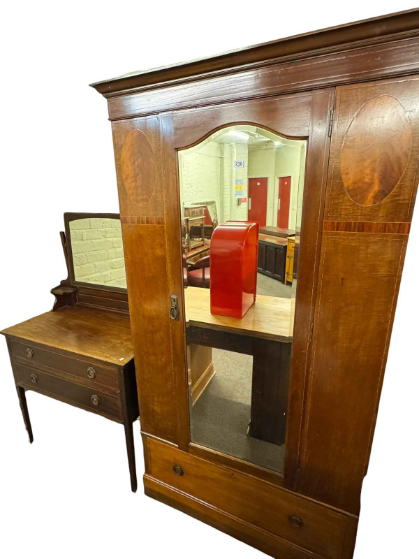 Edwardian inlaid mahogany mirror door wardrobe and dressing table and walnut nine-drawer kneehole desk (3).