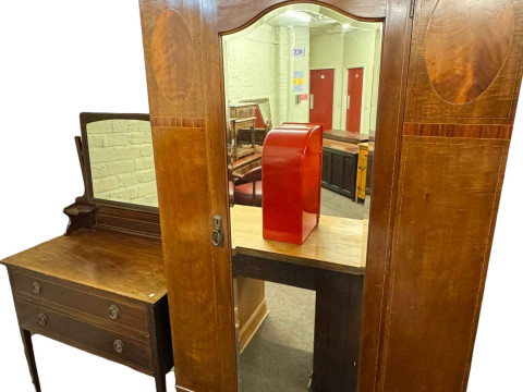 Edwardian inlaid mahogany mirror door wardrobe and dressing table and...