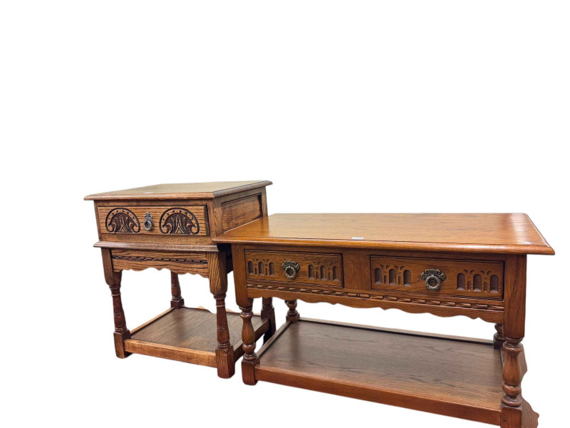 Old Charm rectangular two drawer low centre table 51 x 91.5 x 46cm, Old Charm single drawer lamp table 65 x 56.5 x 43cm and Old Charm magazine rack 40.5 x 50 x 25cm. (3).