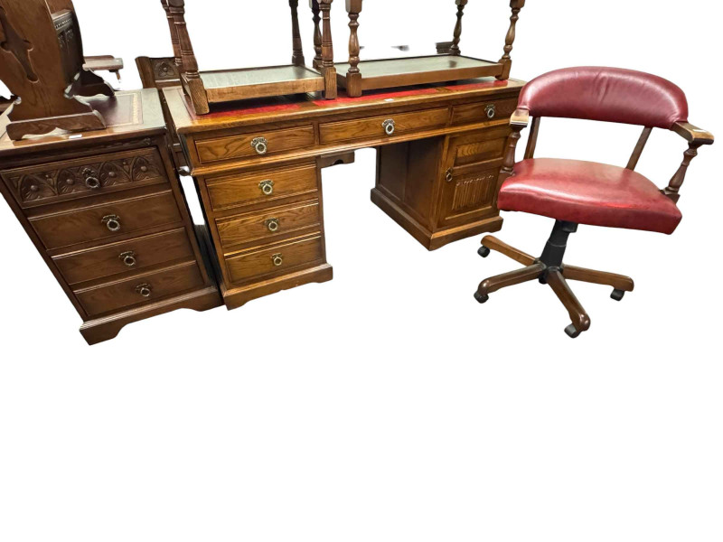 Old Charm six-drawer pedestal desk 76 x 151.5 x 67.5cm, Old Charm two-drawer filing cabinet 76 x 51 x 62cm and swivel office desk chair (3).