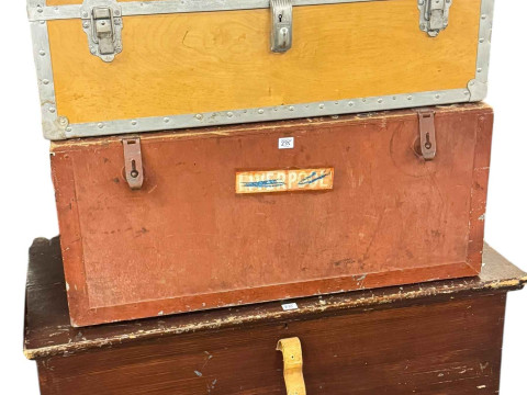 Stained pine trunk and two travelling trunks (3).