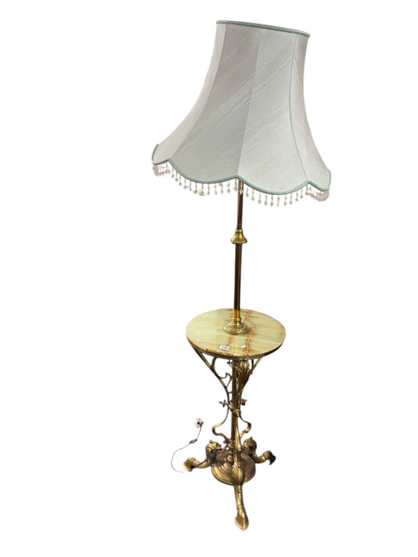 Brass and onyx standard lamp and shade, 19th Century oak astragal glazed corner wall cabinet and Edwardian carved oak glazed door pedestal cabinet (3).