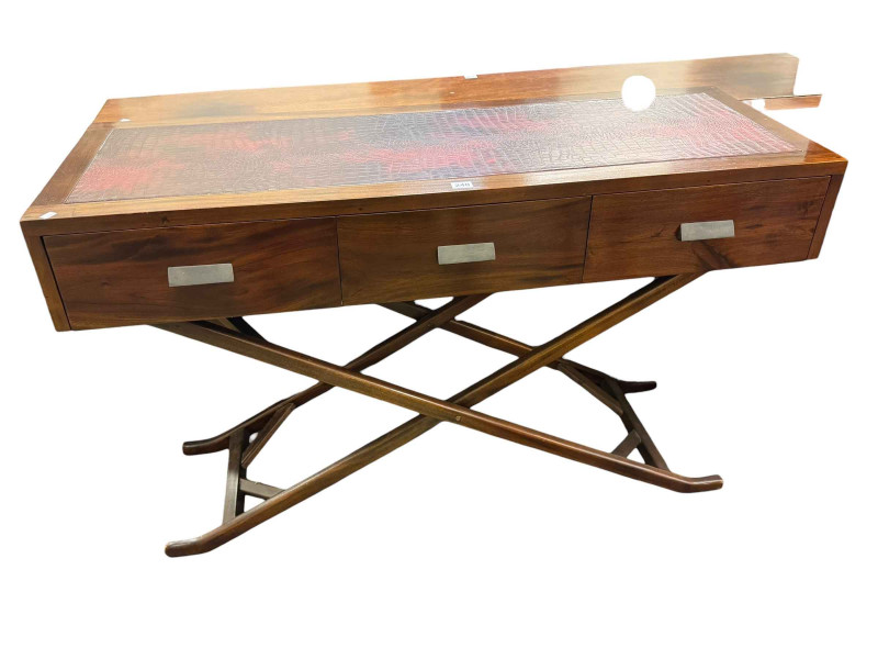 Barker and Stonehouse leather inset top three drawer 'X' framed console table. 79 x 125 x 45cm.