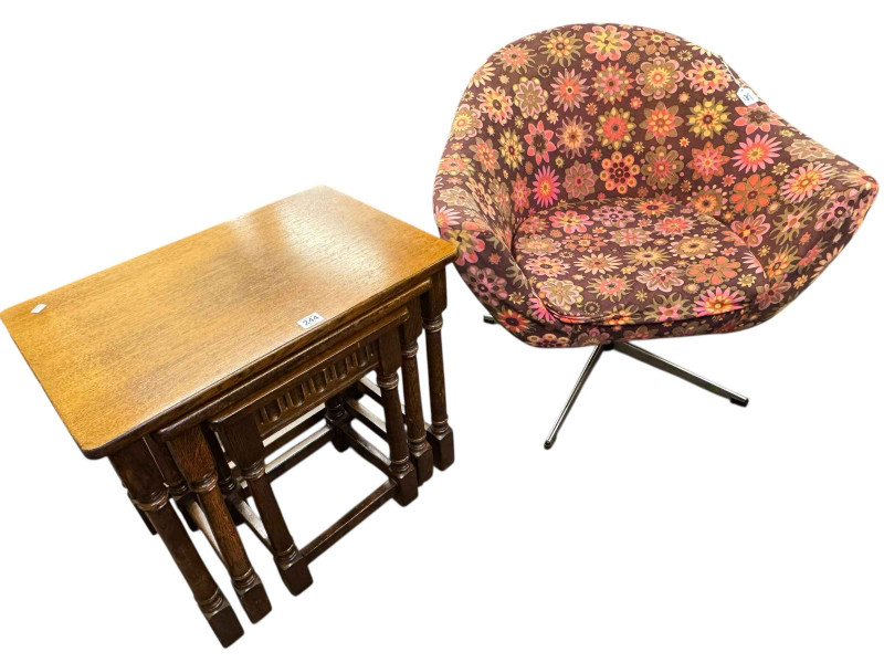 Oak nest of three turned leg tables and mid-century swivel armchair (2).