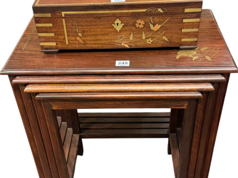 Rosewood and brass inlaid quartetto nest of tables and similar jewellery...