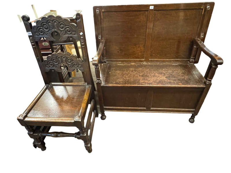 Carved oak side chair, monks bench and plant stand (3).