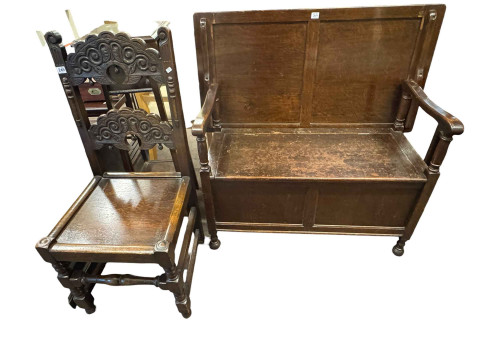 Carved oak side chair, monks bench and plant stand (3).