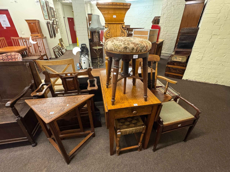 Early 20th Century oak box hall seat, carved oak triangular drop side occasional table, 19th Century oak drop leaf table, Victorian oak hall chair, farmhouse style armchair and four stools including music stool (9).