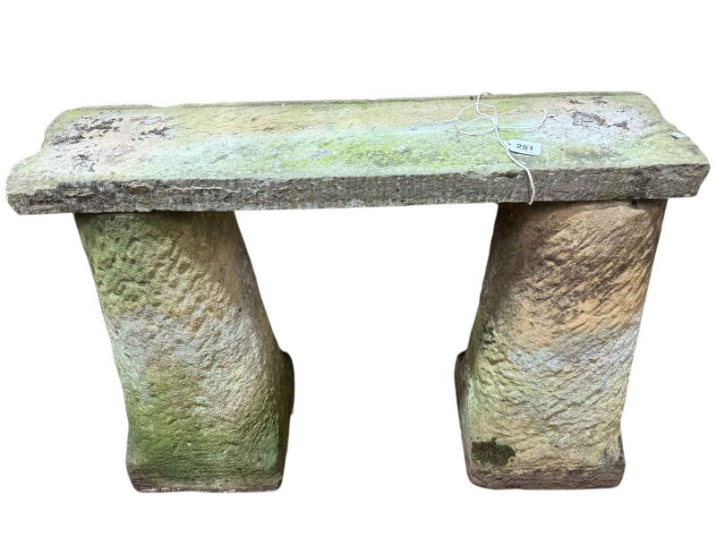 Weathered twin staddle stone pedestal garden seat 70 x 90 x 29cm.