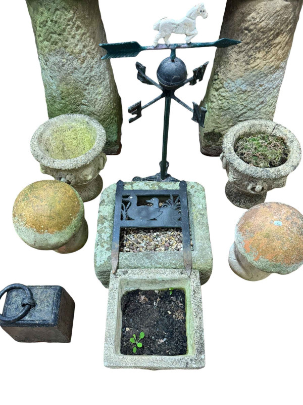 Pair weathered lion mask garden planters, two troughs, pair earthenware toadstools, iron boot scraper, weather vane and weight (9).