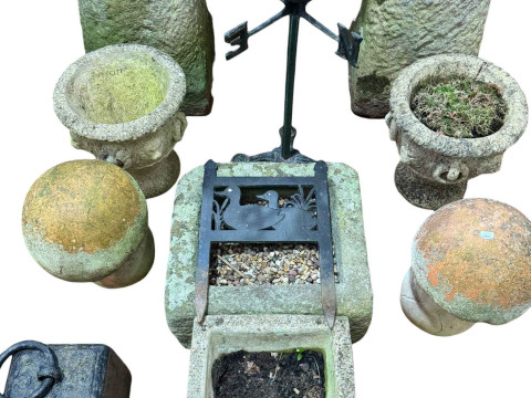 Pair weathered lion mask garden planters, two troughs, pair earthenware...