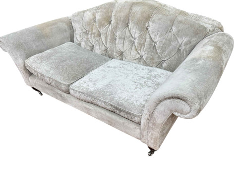 Pair Laura Ashley button back sofas in light plush fabric. thumbnail